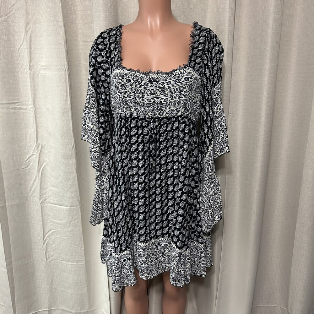 Free People Bell Sleeve Mini Dress Women's Size M Black Navy Print Open Back